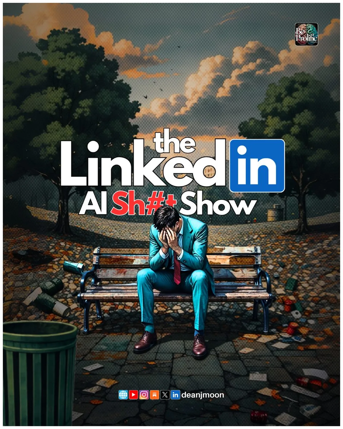Illustrated graphic titled "the LinkedIn AI Sh#t Show". A man in a teal suit and red tie sits on a park bench with his head in his hands, surrounded by litter under a dusk sky. Be Prolific logo top right.